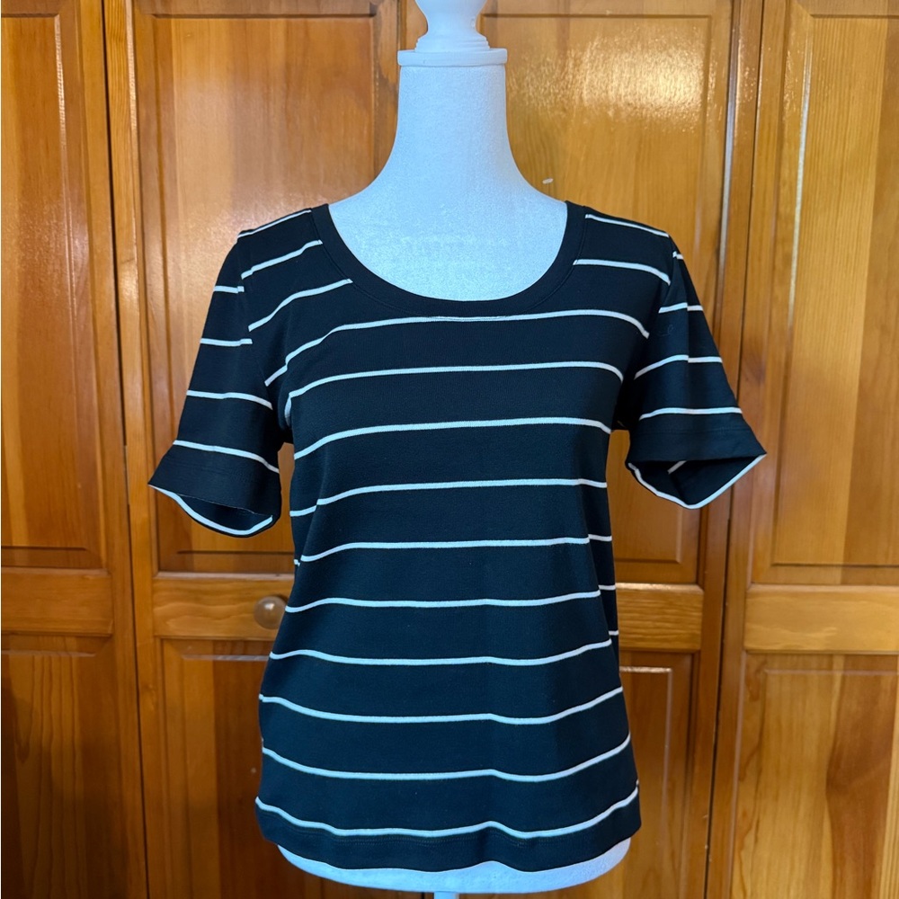 LOFT Black Short Sleeve Top with White Stripes